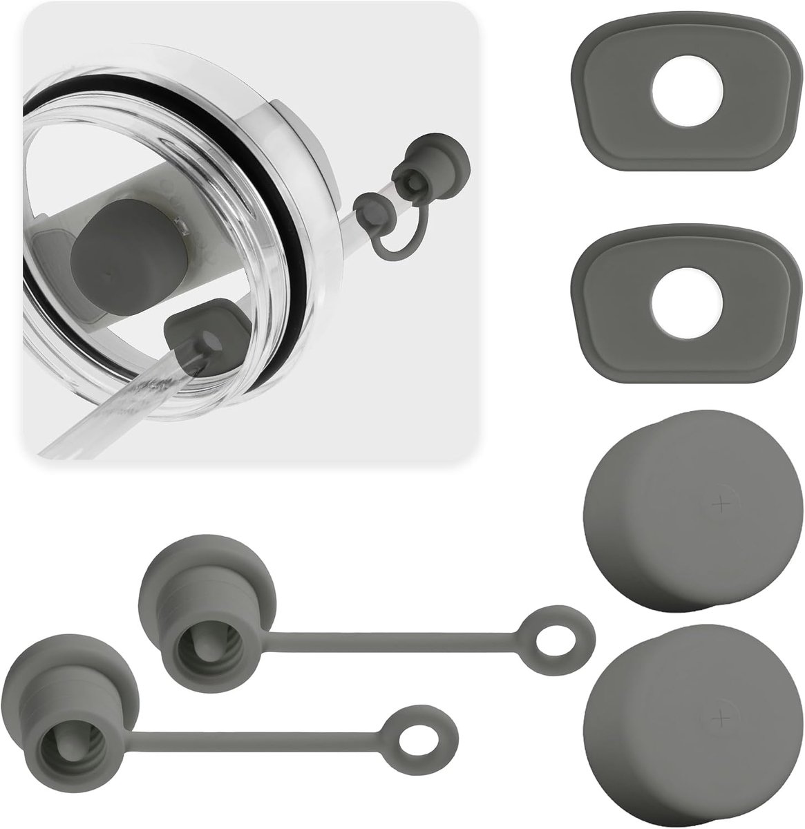 6 stuks siliconen rietje afdekking lekbescherming set, compatibel met Stanley Cup bekers 1,2l en 850 ml tumbler deksel accessoires afdichting sluiting accessoires (grijs)