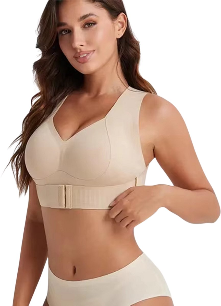 rimmo Dames BH Houdingsbevorderend – Comfortabele Corrigerende BH met Cross Back, Voorsluiting, Zonder Beugel, Volledige Bedekking, Push-Up en Rugondersteuning - Beige
