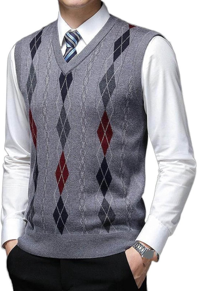 Argyle V-Hals Gebreid Vest, Klassiek Mouwloos Casual Geruite Print Pullover Trui Vest Kleurcontrast Dieptepunt Shirt, Zakelijk Heren Breigoed Gebreide Trui Tanktops, Middengrijs, S