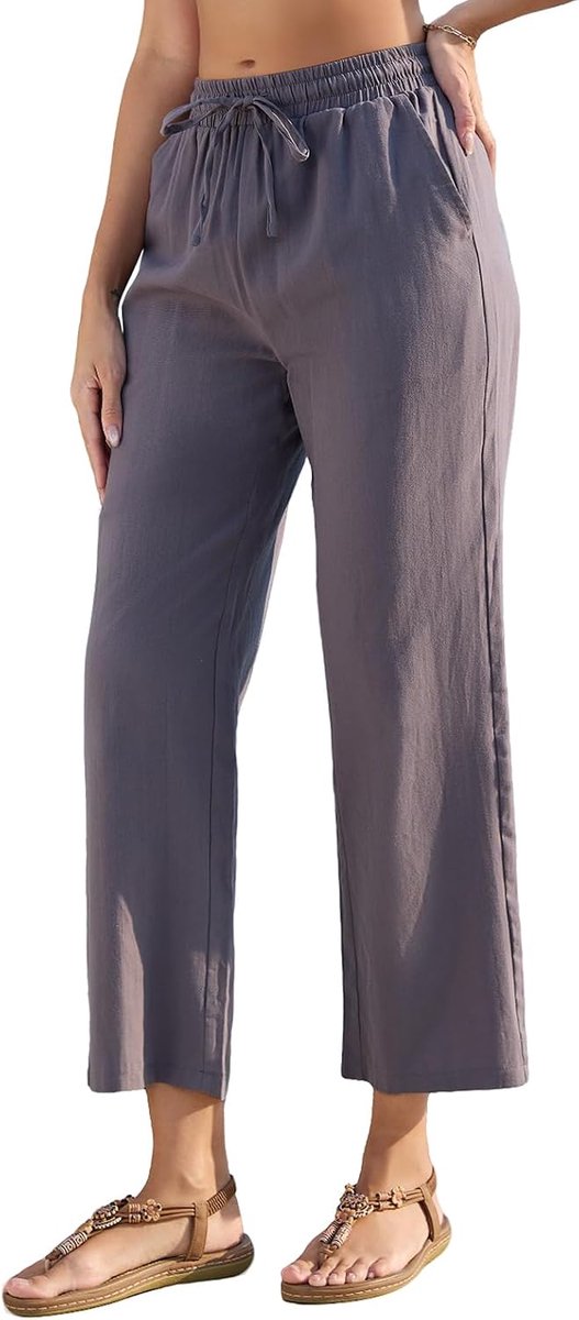 Zomerbroek voor dames, lichte linnen broek voor dames, wijde pijpen, hoge taille, stoffen broek met zakken, comfortabel, casual, losse palazzo broek