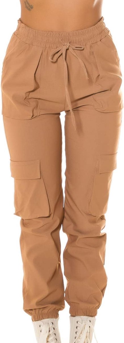 Stylo High Waist Cargo Pomp Broek, cappuccino, Eén maat
