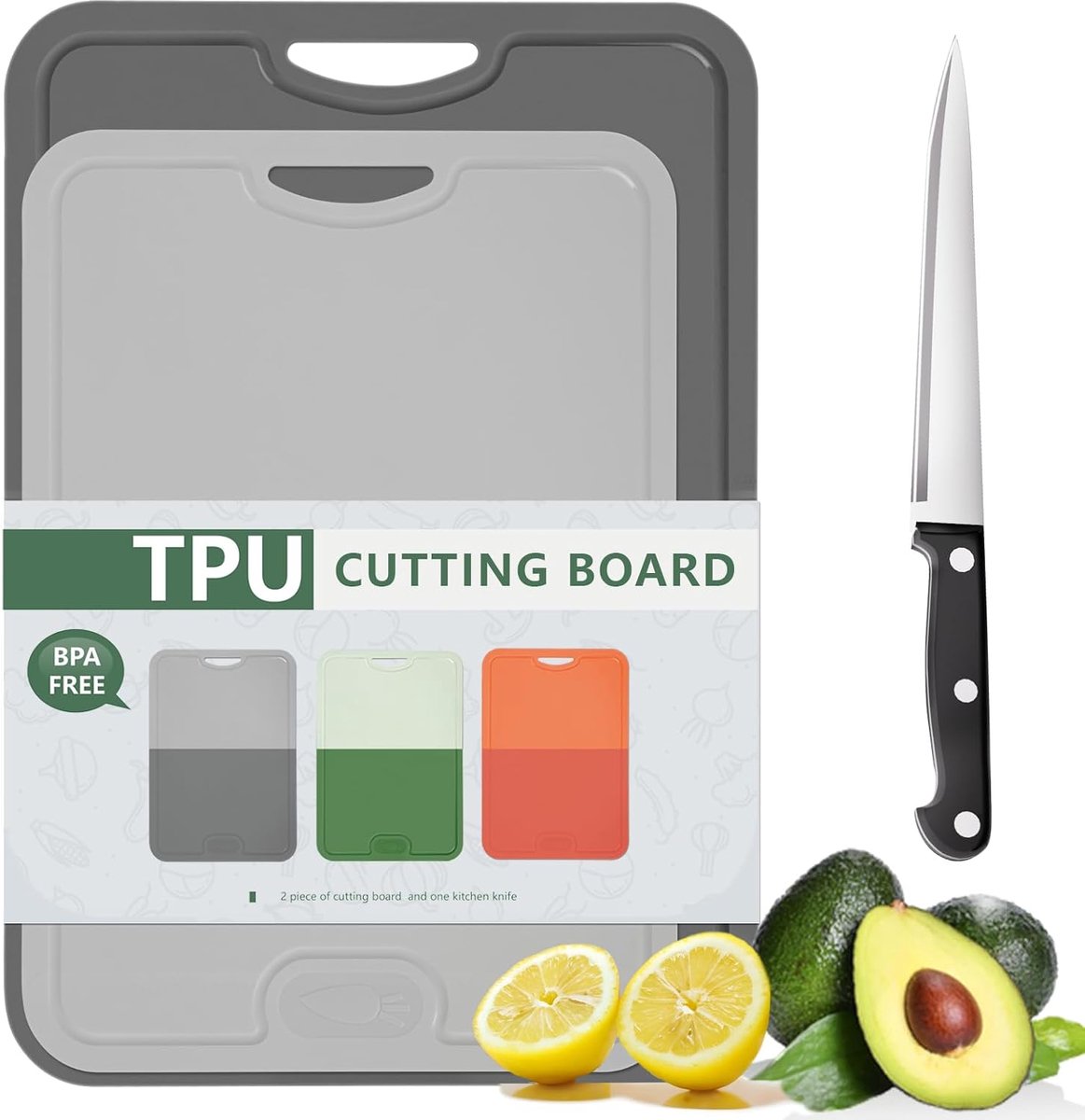 Flexibele TPU-snijplank, BPA-vrij met mes en sapgroef, krasbestendige flexibele snijplanken voor keuken, vaatwasmachinebestendig, gemakkelijke handgreep, antislip (L-donkergrijs + S-grijs)