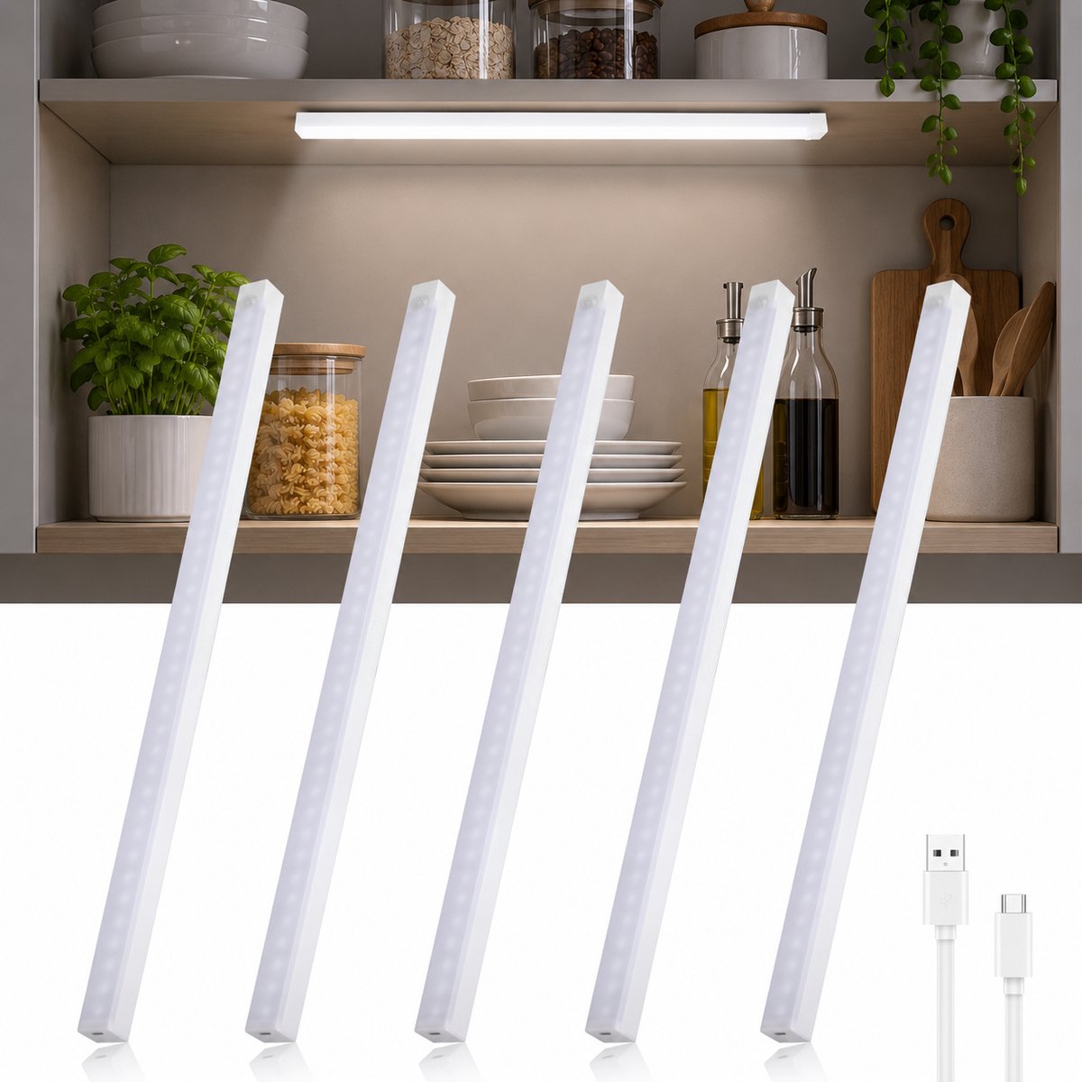 LOVHAUS 5 Stuks LED Kastverlichting 50 cm – Bewegingssensor – USB Oplaadbaar – 6000K