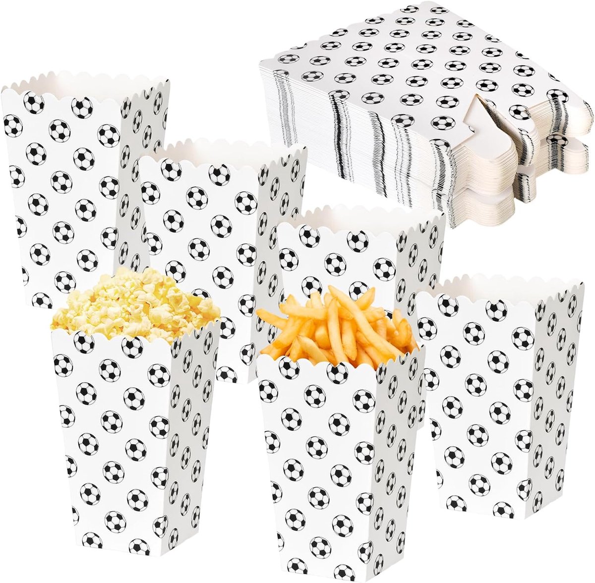 50 stuks voetbal popcorndozen, papieren popcorndozen, voetbalfeestdozen, voetbalpatroon, 7x7x12cm, snoepcontainers feest, voor feesten, snoep, geschenken, verjaardag, bruiloft (wit)