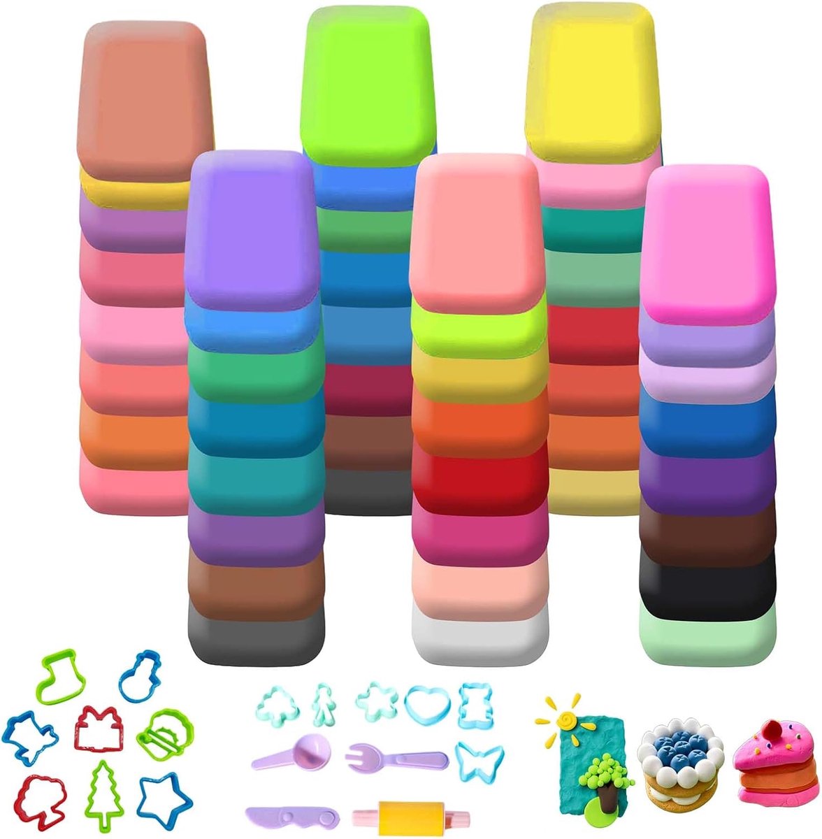 48 kleuren kerstset – zelfhardende boetseerklei – zachte niet-giftige klei – met kerstvormpjes en gereedschap – ideaal voor creatief spel en knutselen