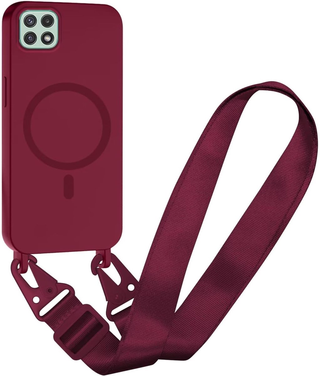 Compatibel met Samsung Galaxy A22 5G Draadloos opladen, Schokbestendige Verwijderbare Telefoon Case met Verstelbare Nekoord Ketting Zachte Cover voor Samsung Galaxy A22 5G, Rood
