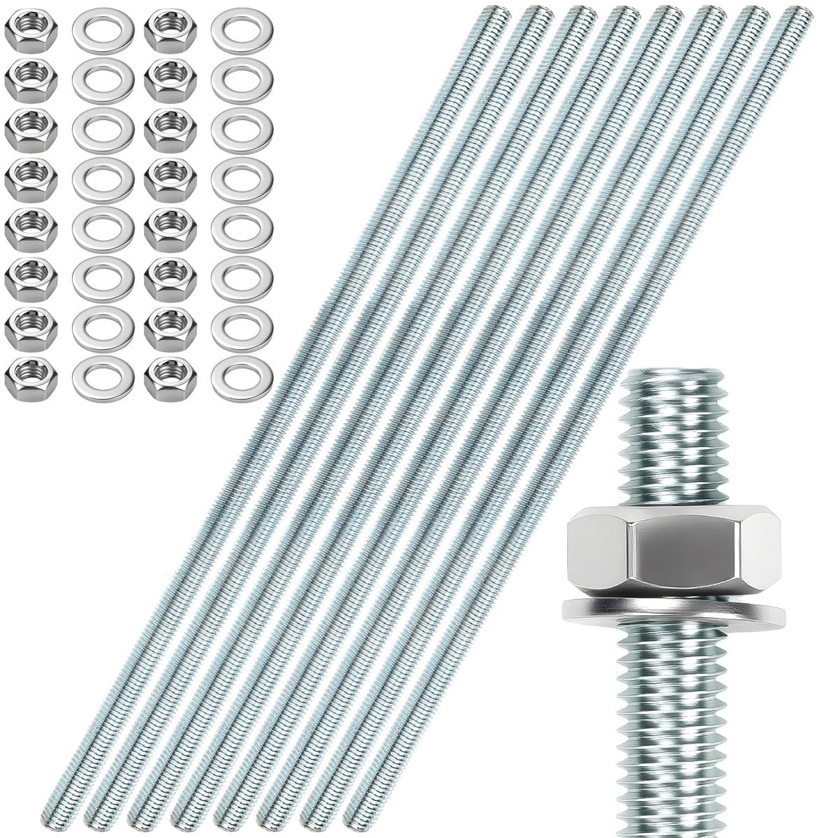 8 stuks draadstangen M10 draadstangen M10 X 300mm draadstaven draadbouten verzinkt staal draadpennen blauw zink draadstaven met 16 stuks zeskantmoeren en 16 stuks sluitringen