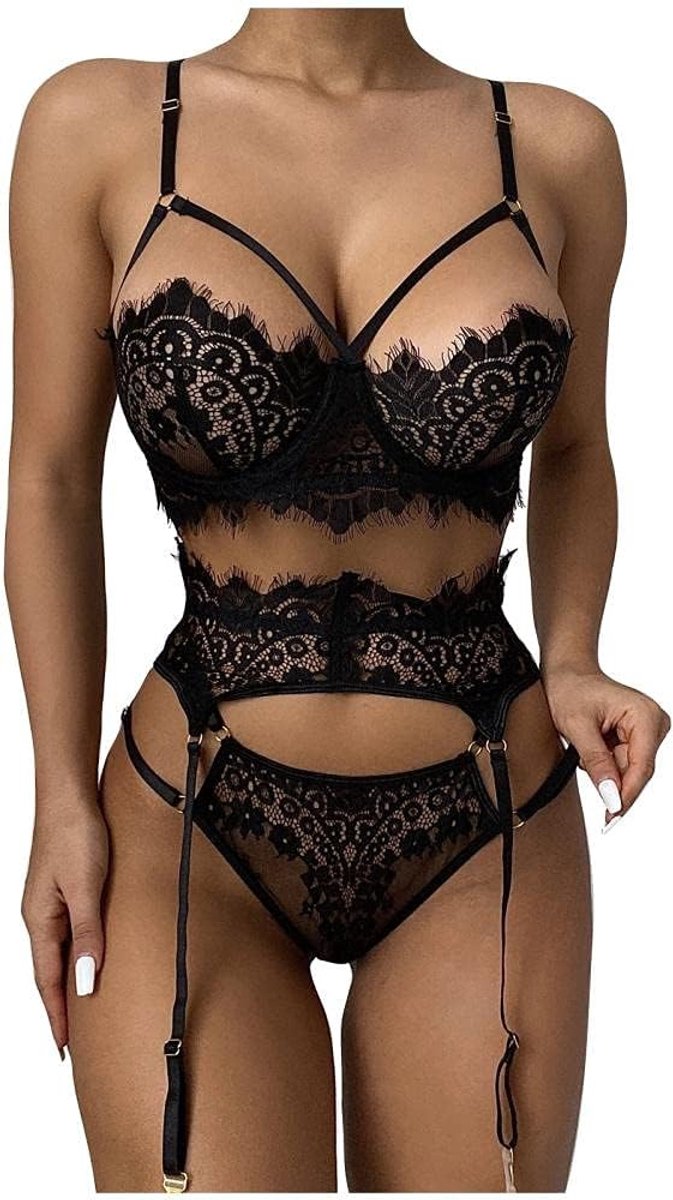 Lingerie & ondergoed sexy uitgeholde beha g-string vrouwelijk ondergoed zien door kanten vrouw kleding set-Black_S