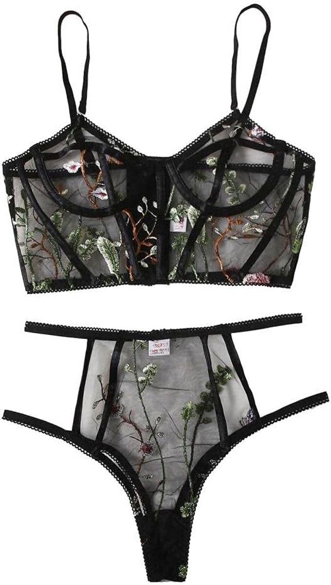 Vrouwen sexy lingerie corset beha g-string lingerie doorschijnende kanten borduurset