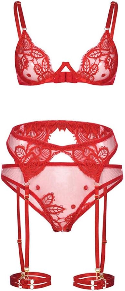 Dames Vrouwen Sexy Lingerie Set Mesh Beha Kousenband en Slips Nachtkleding Ondergoed