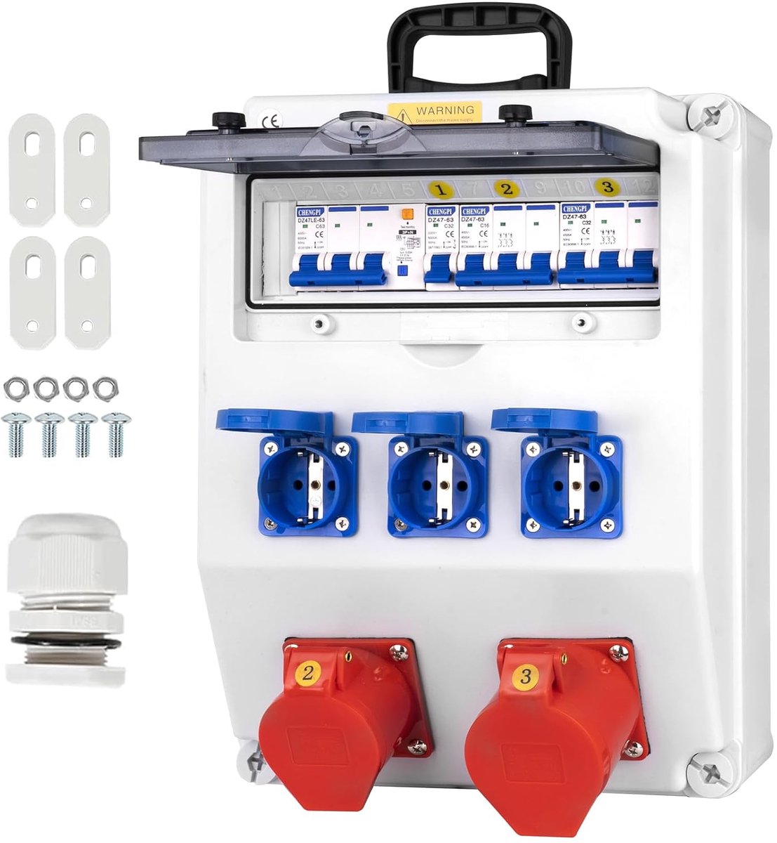 IP65 waterdichte stroomverdeler met installatieautomaat, wandverdeler met IP54 230V/16A Schuko-stopcontact en IP44 CEE-stopcontact 16A/32A