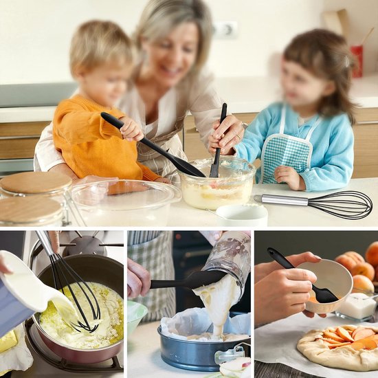 Keukenhulpset, 9 stuks, zwart, siliconen keukengerei, hittebestendig kookgerei, kookgerei set met spatel, garde, grilltang, anti-aanbak, kookbestek voor koken en bakken — afbeelding 5