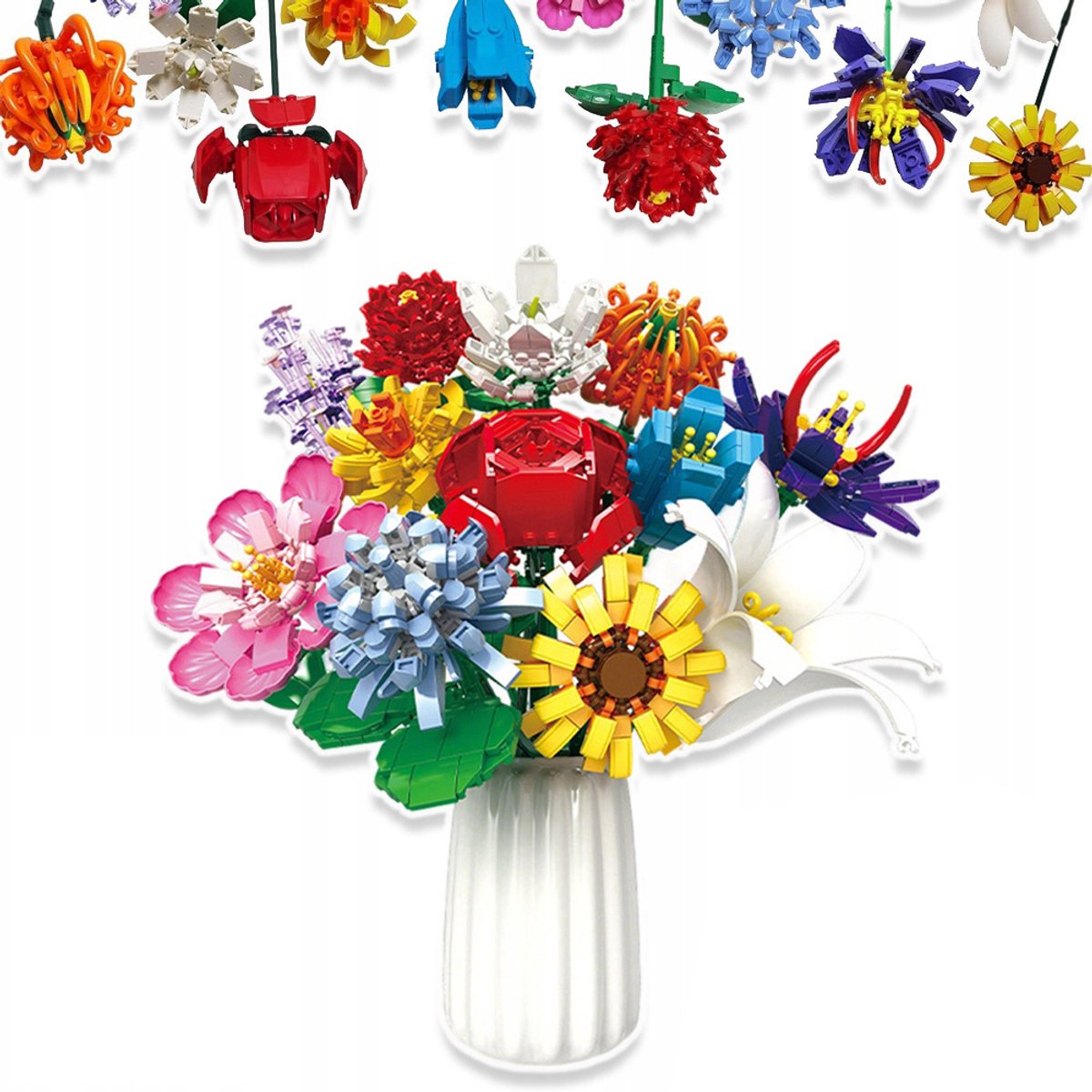 Botanische Collectie – Kunstbloemenboeket Van Bouwblokken Met 12 Bloemen En 1064 Stuks ABS – Eeuwige Schoonheid – Cadeau Voor Verjaardagen, Valentijnsdag En Jubilea