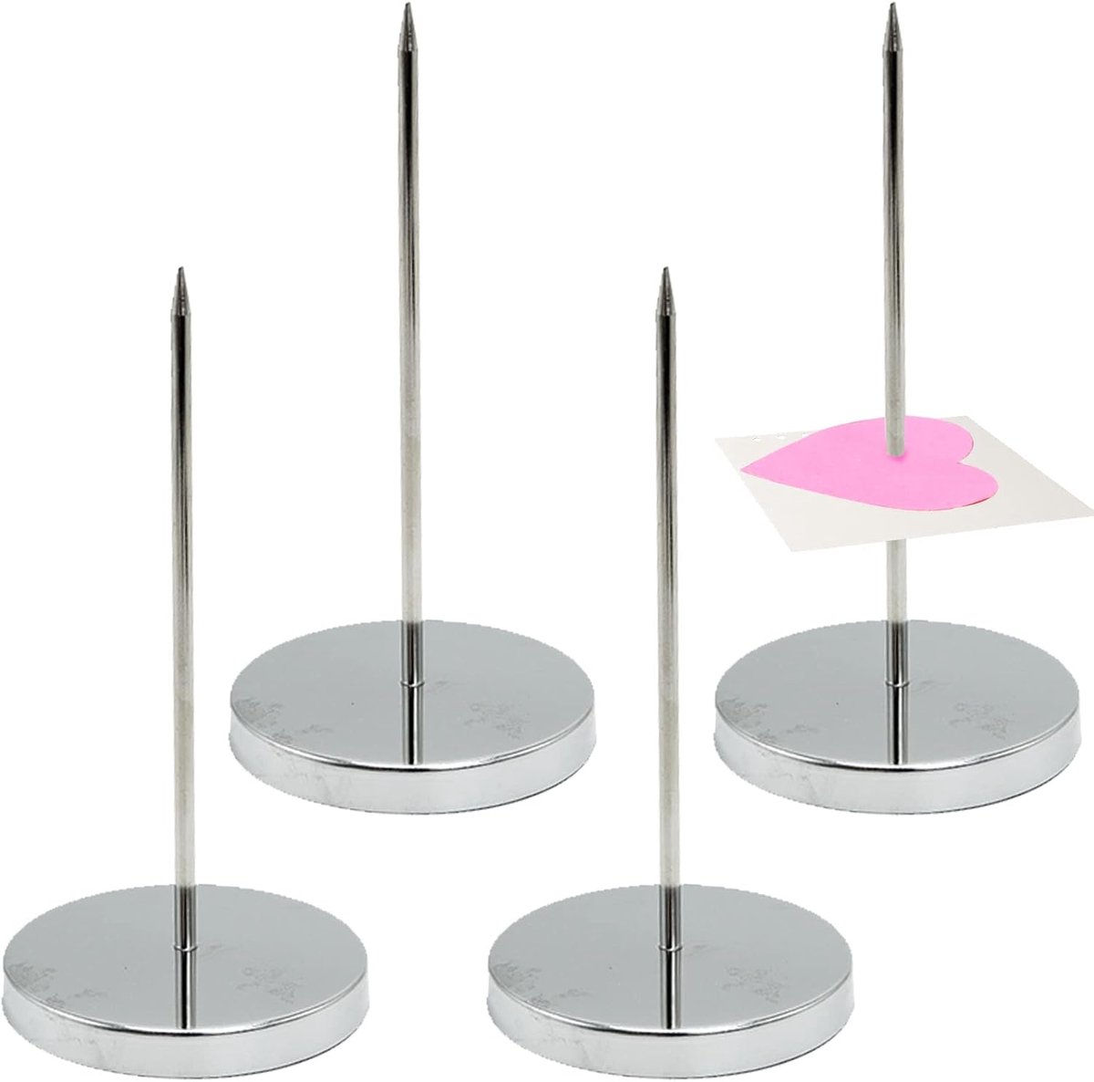 4 stuks papieren memohouder, bonspike papier spike, bonnetje, biljet notitie, memo spike met ronde basis, metalen rechte staaf ontvangsthouder voor restaurant, keuken, hotel, kantoor (zilver)