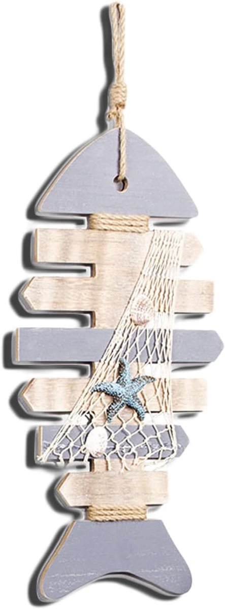 Skelet Hout Decor, Nautische Vis Skelet, met Sint-Jakobsschelpen en Zeester muur dDecor deur Gordijnen Home Decor Strand Thema (40.5x19x2）