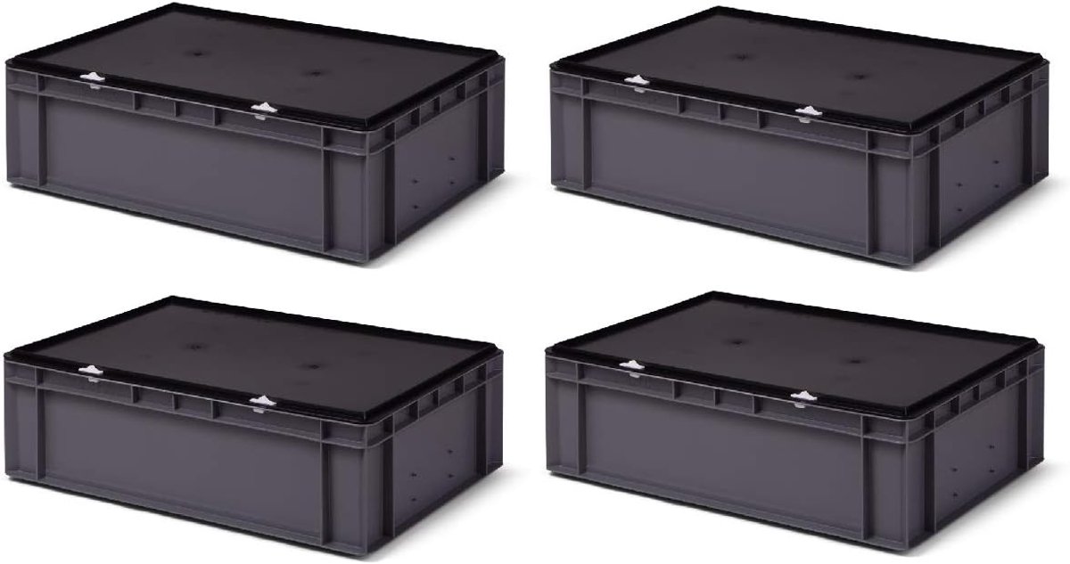 4 stuks TK617-VD, Transportstapelbak grijs met zwart afsluitdeksel, 600x400x186/175 mm (LxBxH), volume 33 liter, draagvermogen 45 kg, voedselveilige industriekwaliteit van PP