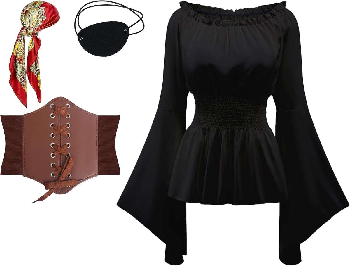 4 stuks piratenkostuum voor dames, middeleeuwse blouse met korsetriem, piratenaccessoires voor Halloween en carnaval