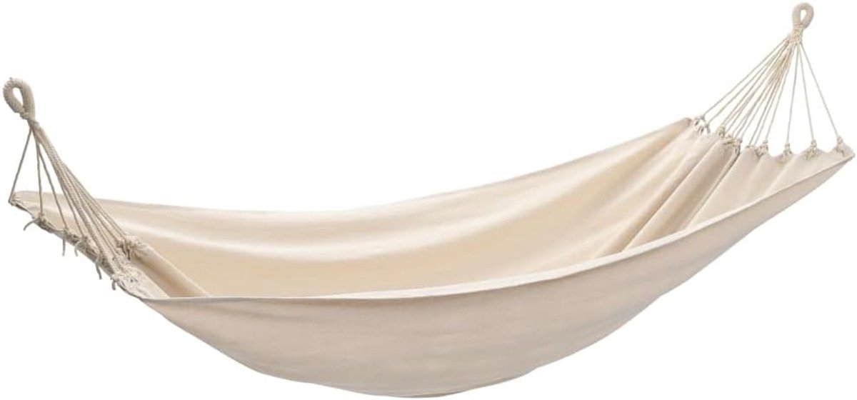Hangmat van katoen-polyester, 260 x 150 cm, voor 2 personen, crèmekleurige hangmat met twee geweven knopen voor bevestiging aan frame, stang of boom