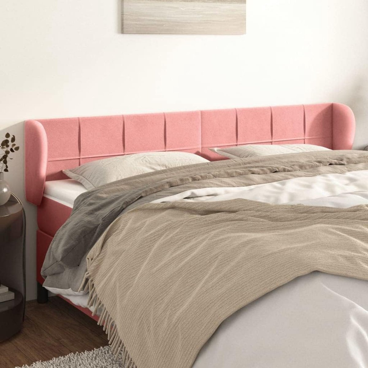 Hoofdbord met oren, roze, 183 x 23 x 78/88 cm, fluweel, voor de slaapkamer, hotelhoofdeinde, werkkamer, voor slaapkamer, tweede slaapkamer, hotel