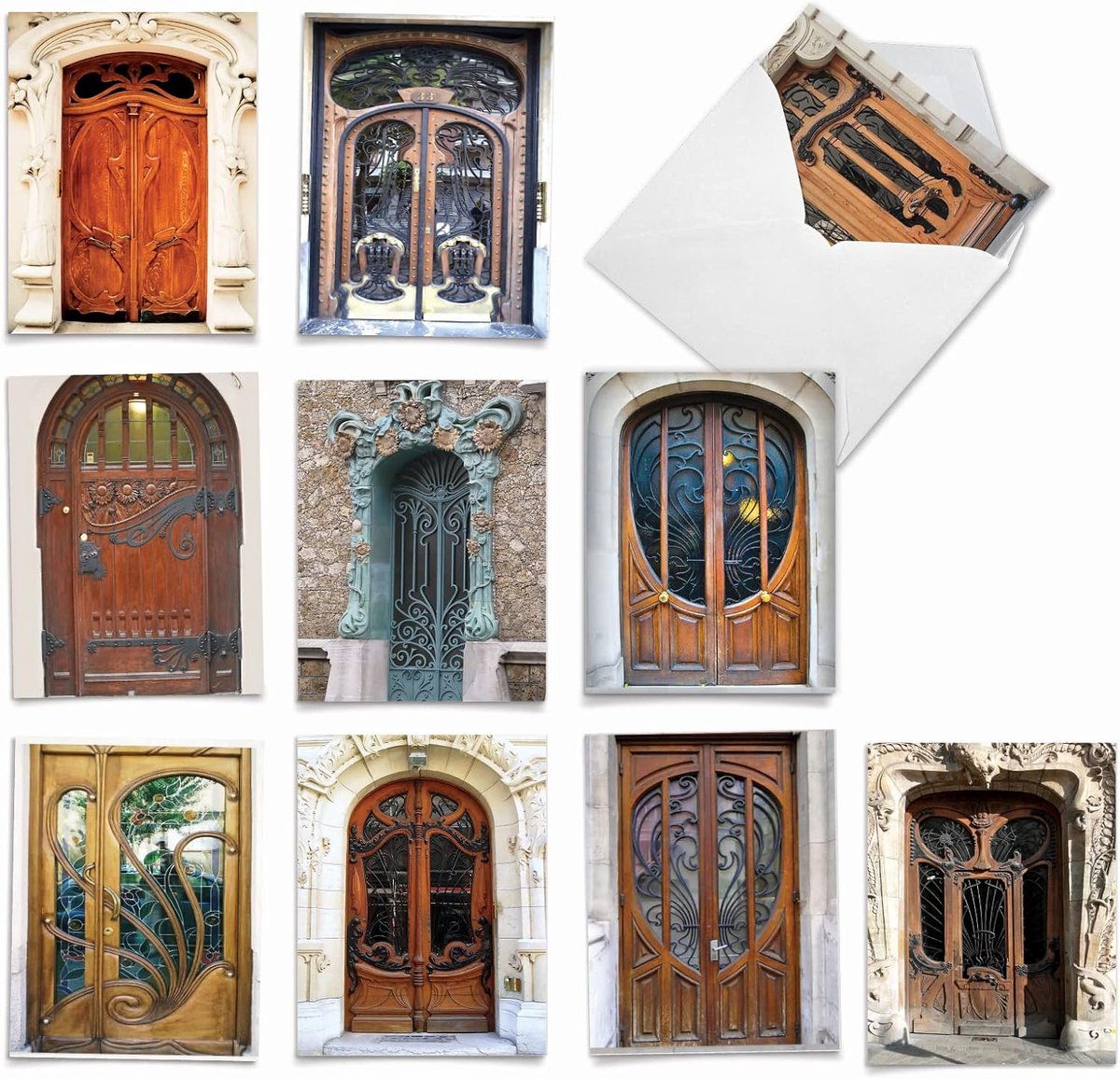 Art Nouveau-deuren: 10 verschillende lege notitiekaarten voor alle gelegenheden met afbeeldingen van prachtig sierlijke en ingewikkeld ontworpen deuropeningen met witte enveloppen.