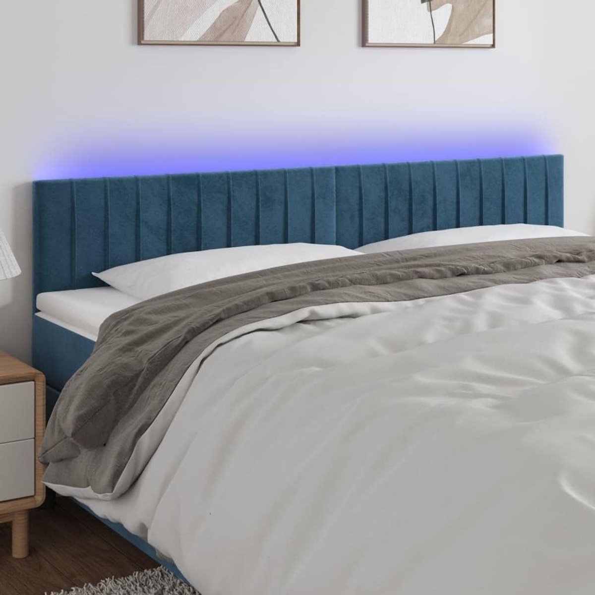 Donkerblauw, 160 x 5 x 78/88 cm, fluweel, met hoogteverstelling en op maat te snijden ledstrip, voor moderne slaapkamer