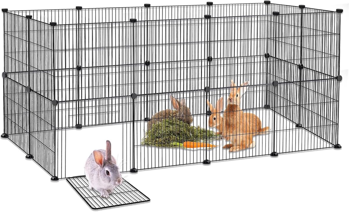 142 x 72 x 72 cm, dubbele buitenren voor konijnen, XXL, metalen ren voor kleine dieren, roosters met deur, puppyhek, cavia-uitloop, box voor kleine dieren, kooi, knaagdieren (zwart)
