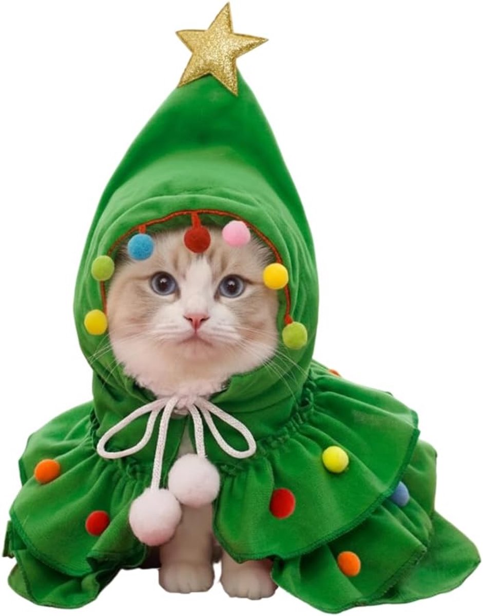Kerstkostuum voor huisdieren, verstelbare hondenkerstcape met mini-pompons en ster, kerstoutfit voor katten, puppy's, kittens, nieuwjaarsartikelen