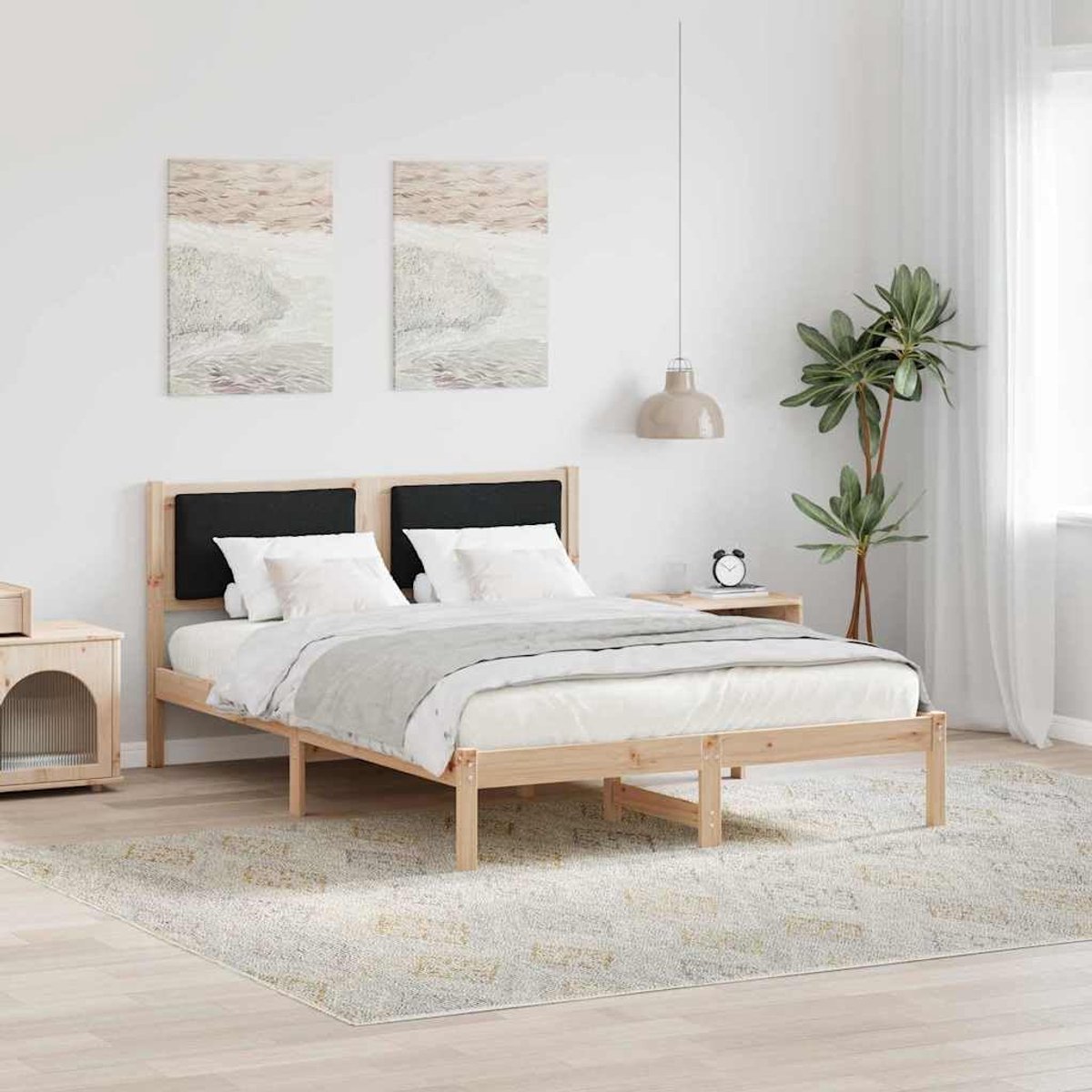 Grenenhout modern slaapkamermeubel naturel en zwart 135 x 190 cm