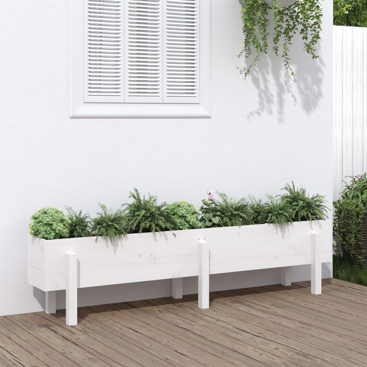 Bed, pot voor planten, plantenbak, bloempot, geschikt voor kantoor, tuin, restaurant, café, wit, 160 x 30 x 38 cm, massief grenen