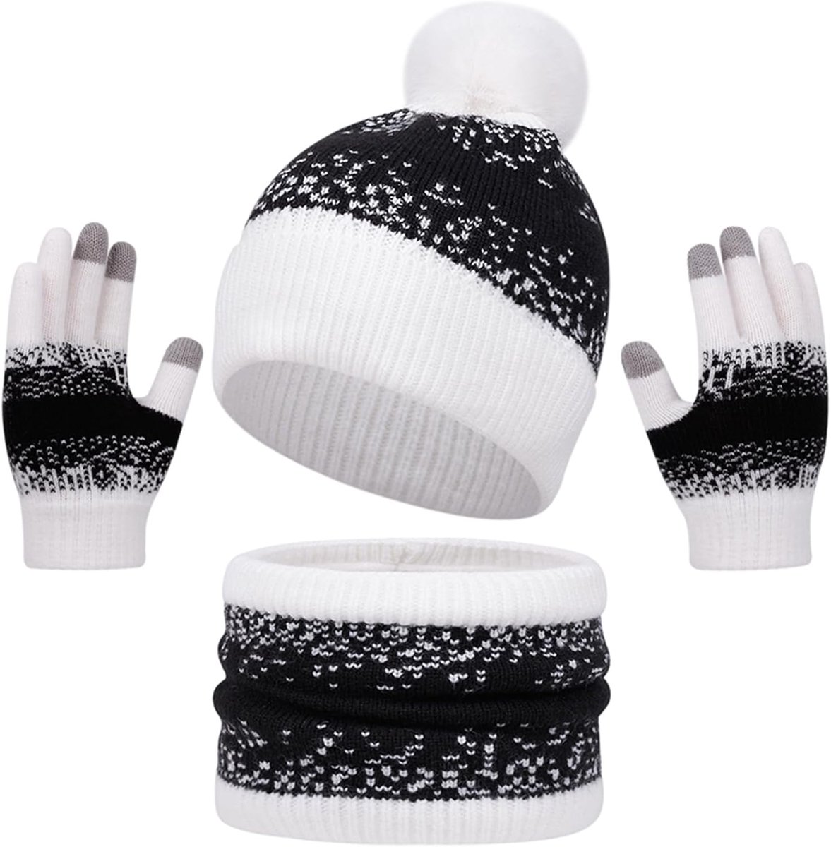 Beanie Hoed Neck Gaiter Handschoenen Set Winter Warm Touchscreen Handschoenen Fleece Gevoerde Sjaal Hoed met Pompom voor Volwassenen