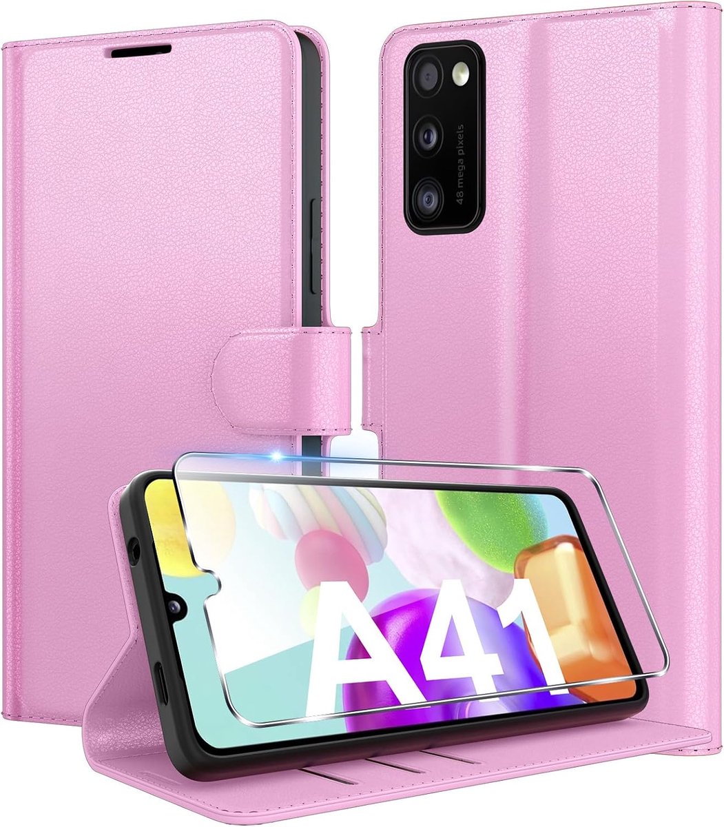 Telefoonhoesje voor Samsung Galaxy A41, premium PU-leer, portemonneehoesje met kaartsleuf, standfunctie, beschermhoes, stootvaste klaphoes, flip case met 1 stuk pantserbescherming, glas, roze