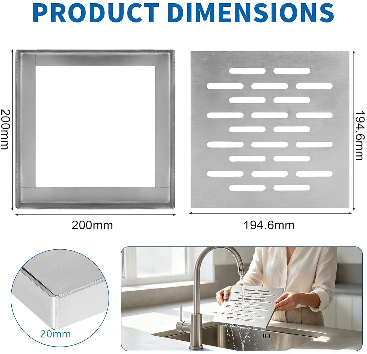 Vloerafvoer met frame, antislip afvoerafdekking, anti-blokkering afvoerrooster, vierkant, voor buiten, binnenplaats, kelder, tuin, terras, badkamer en douche (200 x 200 x 20 mm)