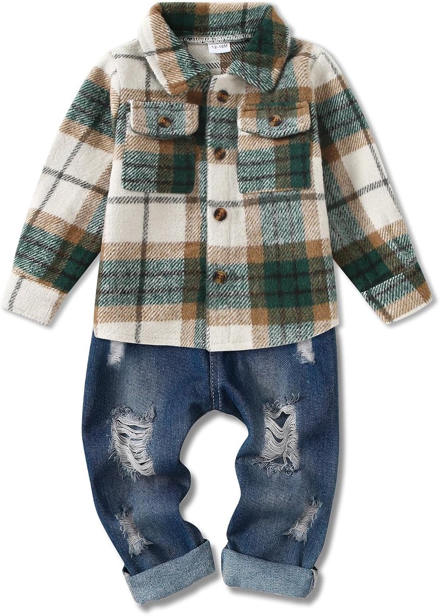 Babykleding voor jongens, 12 maanden - 4 jaar, winterkleding, outfit, set lange mouwen, geruit, top + broek, kledingset voor kinderen jongens