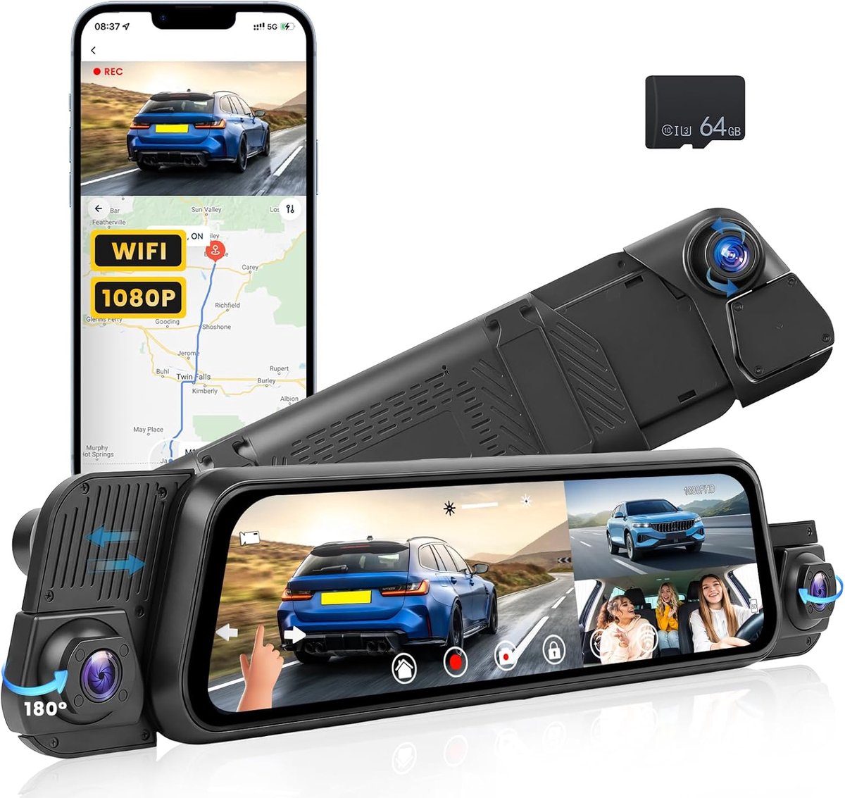 Dashcam spiegel 1080P 4 kanalen 64GB WiFi nachtzicht