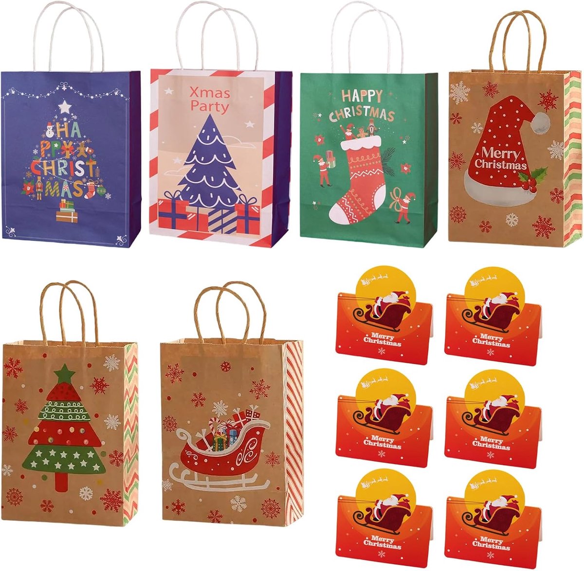 Set van 6 kerstcadeauzakjes met 6 kerstkaarten, kerstdecoratie, verschillende ontwerpen, stevig en stijlvol voor geschenken en feesten
