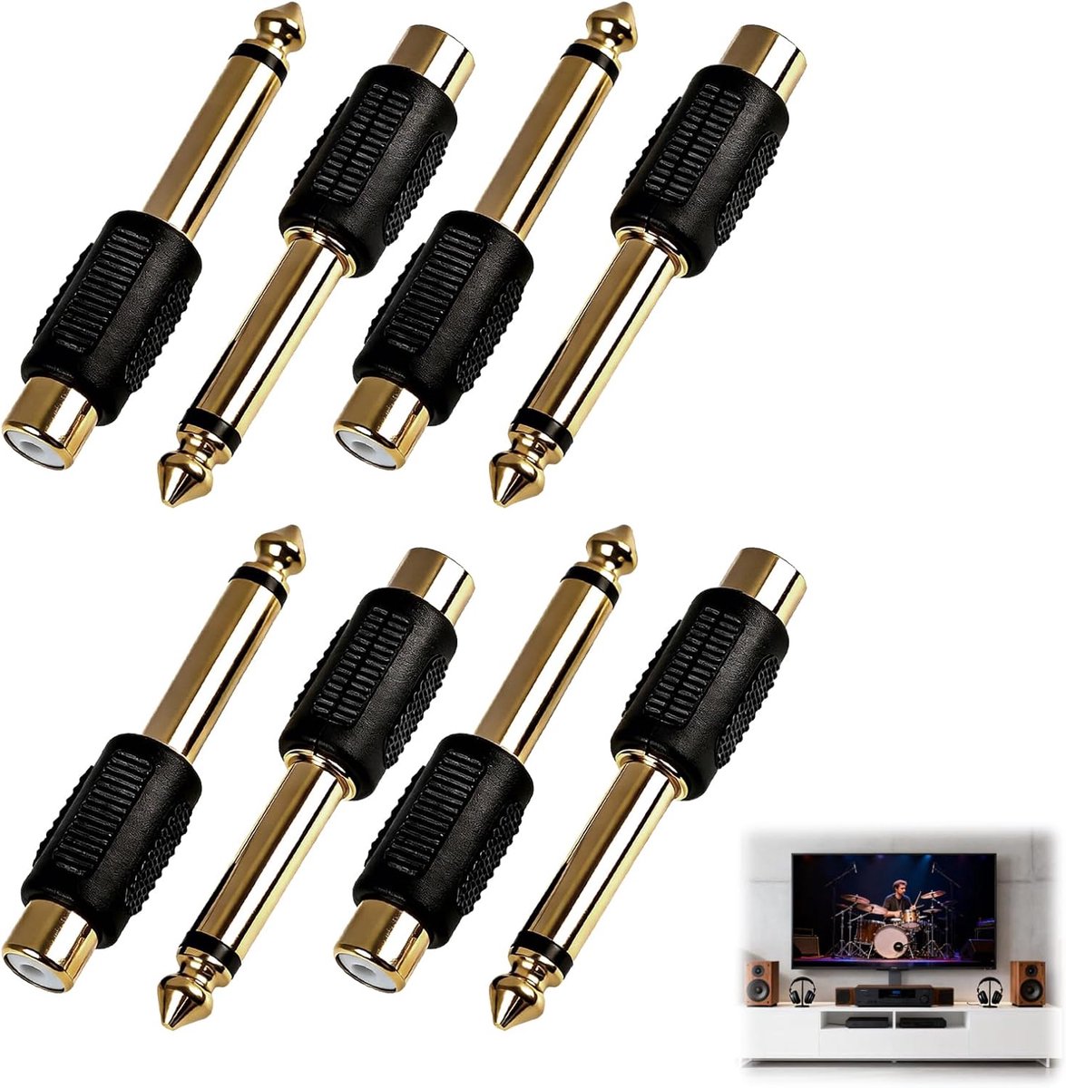 Adapters 6,35 mm jack stekker naar cinch-aansluiting, hoofdtelefoonadapter, adapter plug voor versterker, mixer, hoofdtelefoon, home theater, vergulde aansluitingen