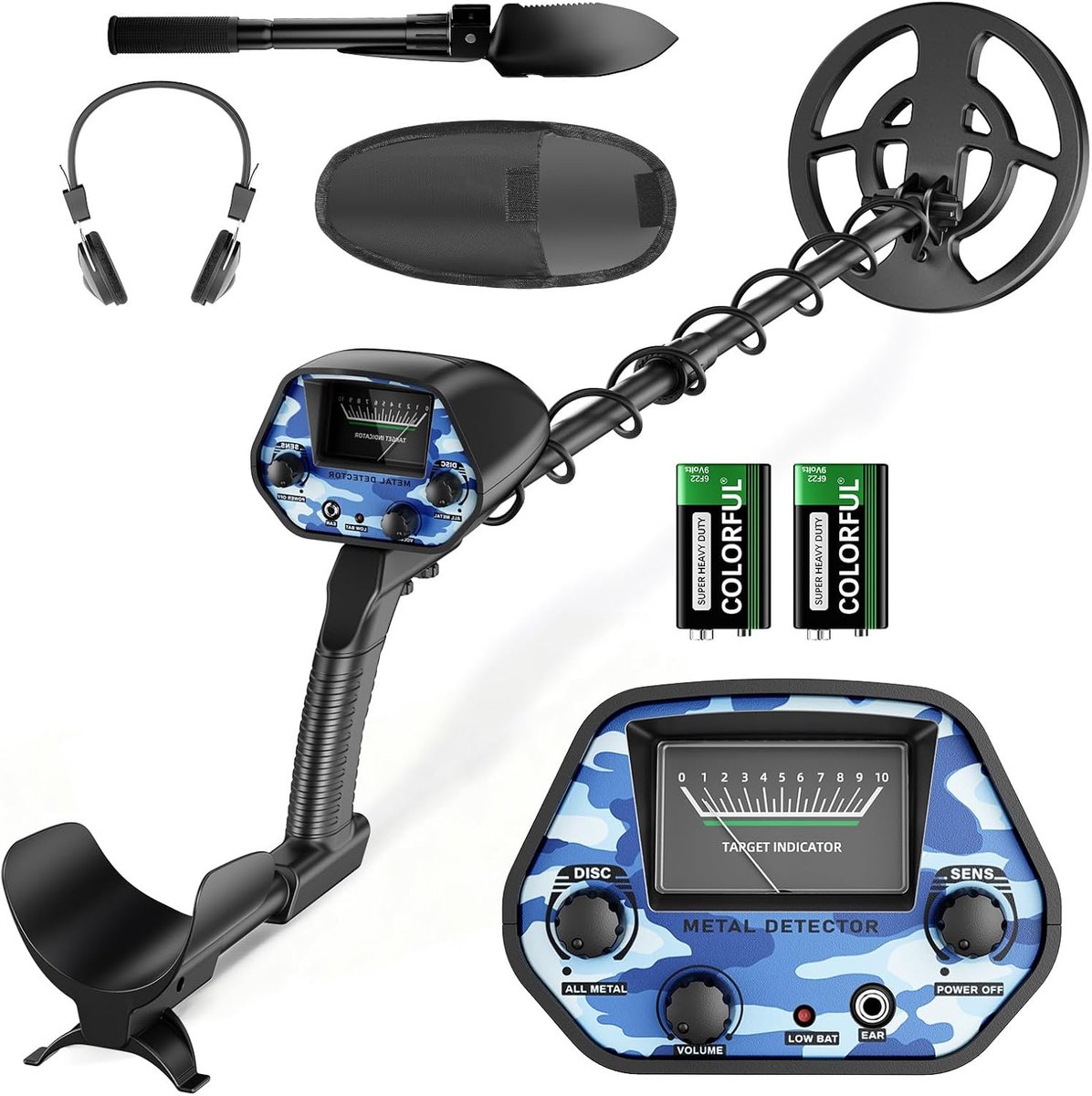 Metaaldetector, in hoogte verstelbaar 94–122 cm, dubbele modus, IP68 waterdicht, 18 cm zoekspoel, complete set met hoofdtelefoon en schep, voor volwassenen en kinderen, goud zoeken en strandjutten