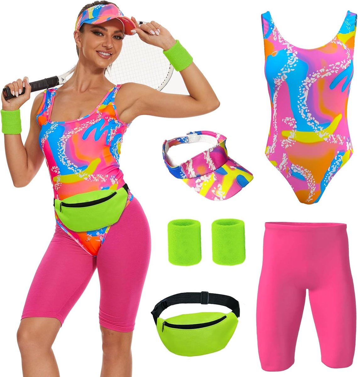 80s Workout Kostuum voor Vrouwen Halloween Cosplay Koppels Outfits Badmode Pak 80s 90s Workout Kostuum Outfit 5-delige Set