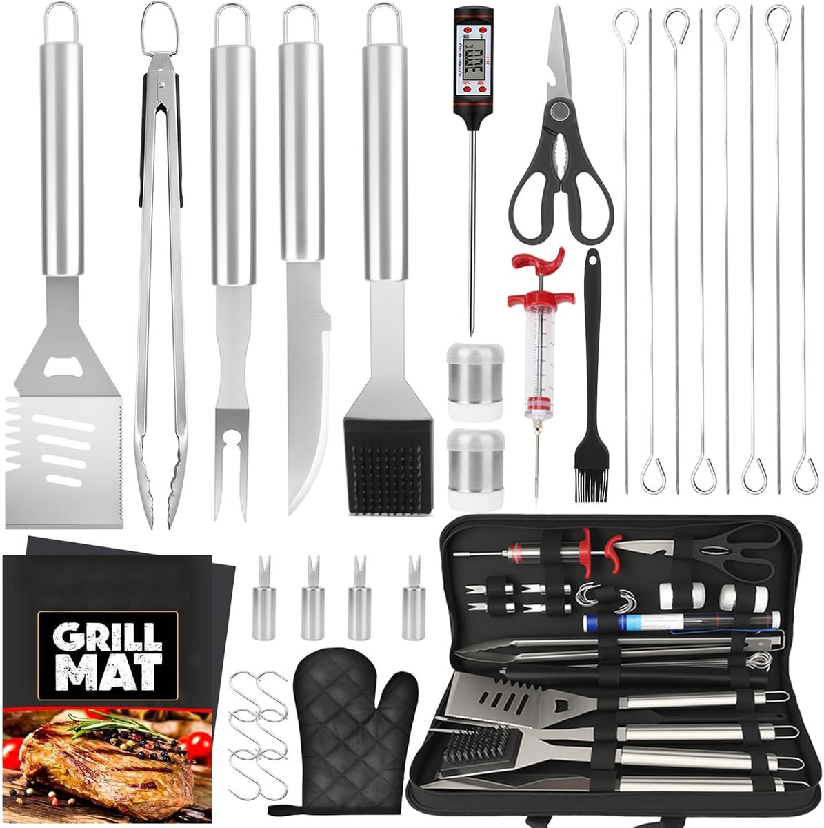 SnelShoppen - BBQ Accessoires Set 32-delig - Robuuste RVS Grill Gereedschap voor Mannen - Perfect BBQ Cadeau voor Verjaardag of Vaderdag - Inclusief T