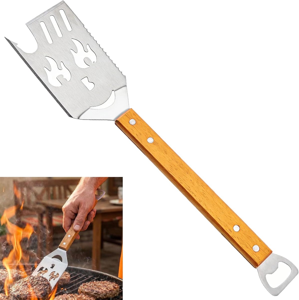 SnelShoppen - Grillspatel 7-in-1 multifunctioneel roestvrij staal met houten handvat - Geel grillgereedschap voor barbecue, camping, picknick en tuinf