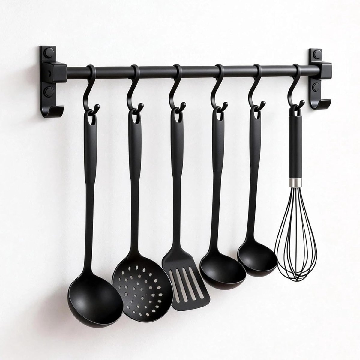 SnelShoppen - Keuken Haakstrip 40 cm, Hangende Keuken Gereedschappen met 6 Verplaatsbare Haken, Aluminium Stang voor Keukenaccessoires, Zwarte Keukenr