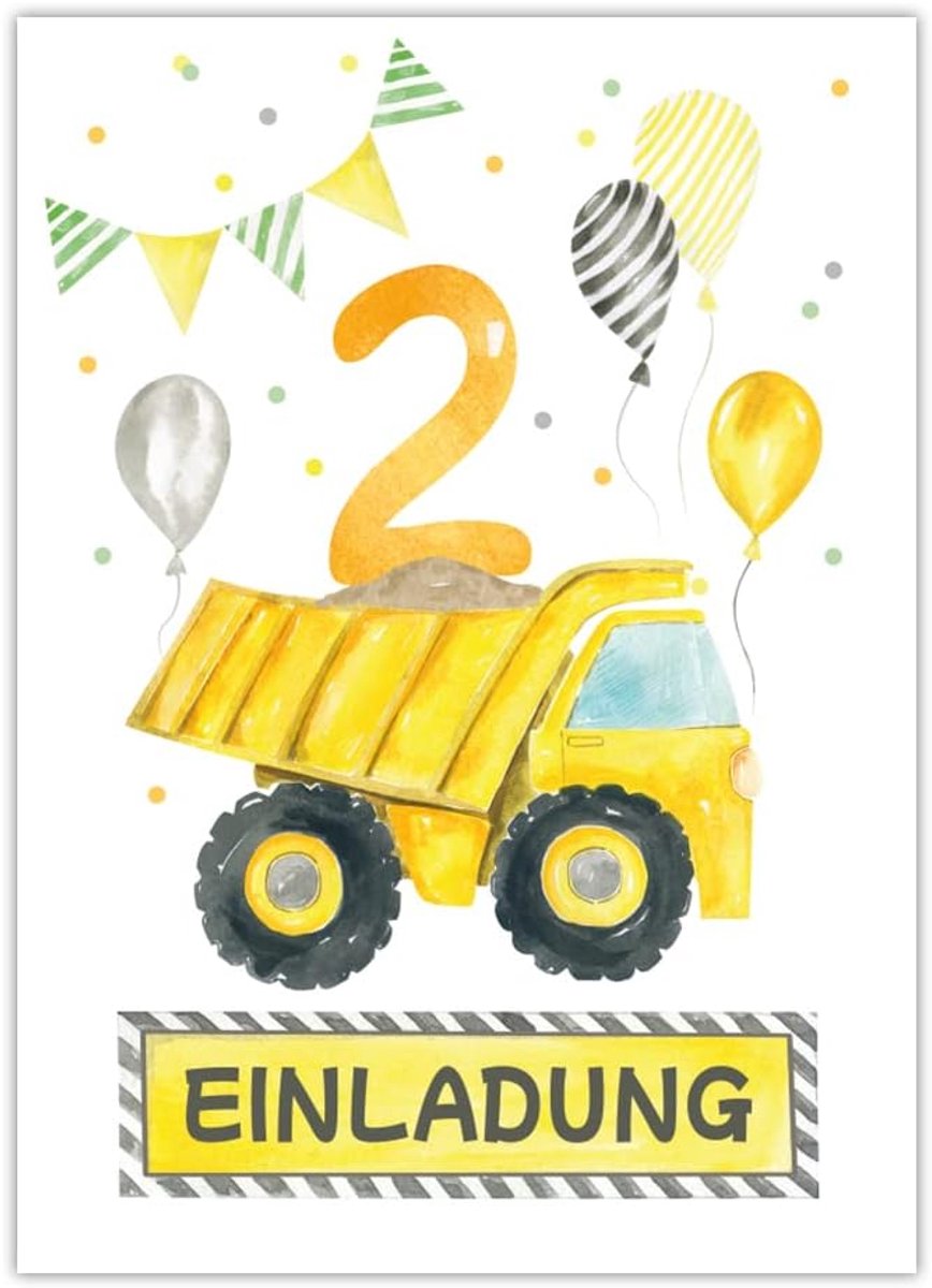 SnelShoppen - 12 Uitnodigingskaarten Tweede Kinderverjaardag Jongens - Kleurrijke Bouwplaats Uitnodigingen voor Feest - Verjaardagsuitnodigingen Kinde