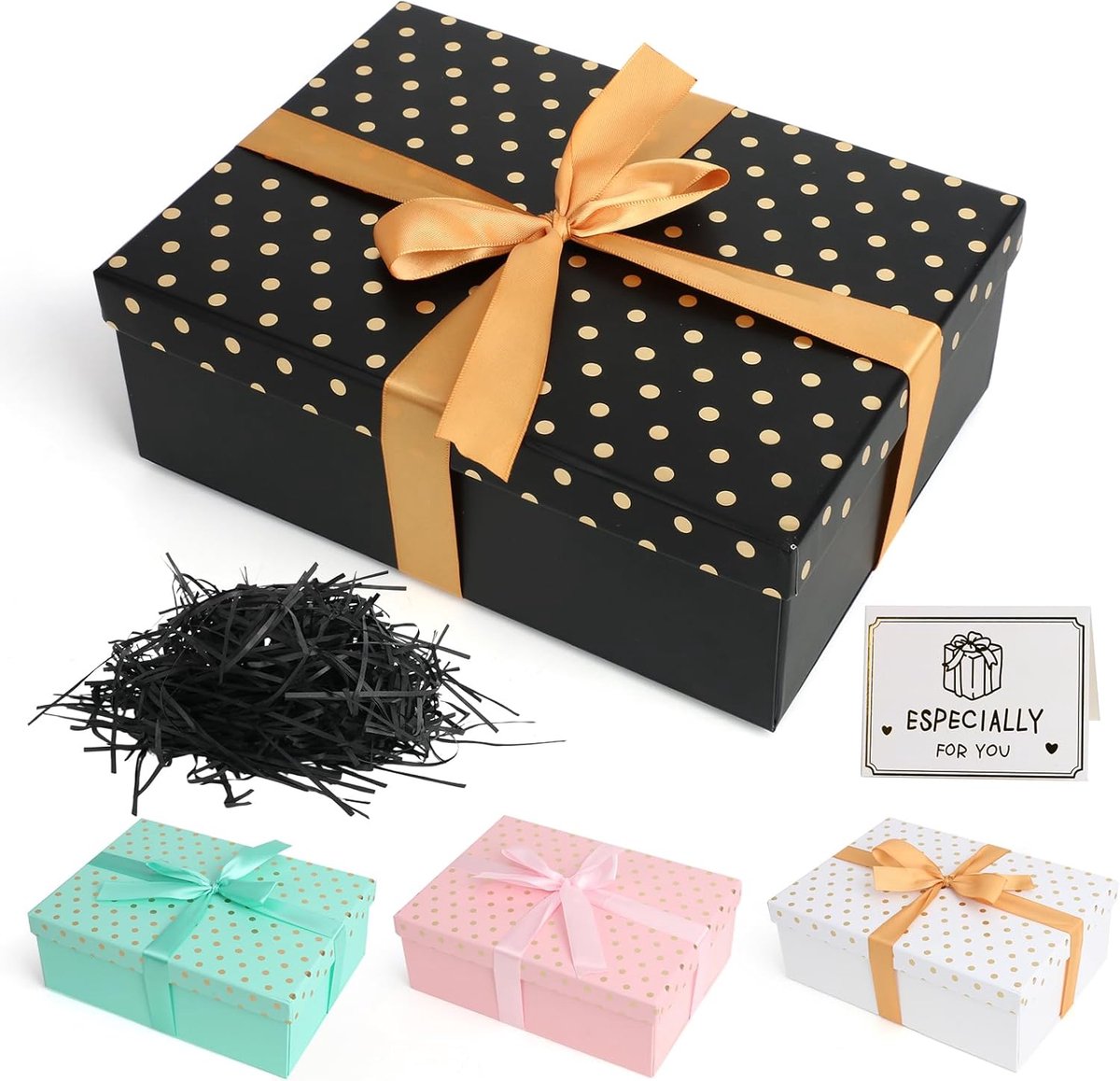 SnelShoppen - Premium Cadeau Doos met Deksel, Vouwbare Geschenkbox met Strik, Raffia Wenskaarten, 25 x 18 x 8.5 cm, Perfect voor Valentijnsdag, Verjaa