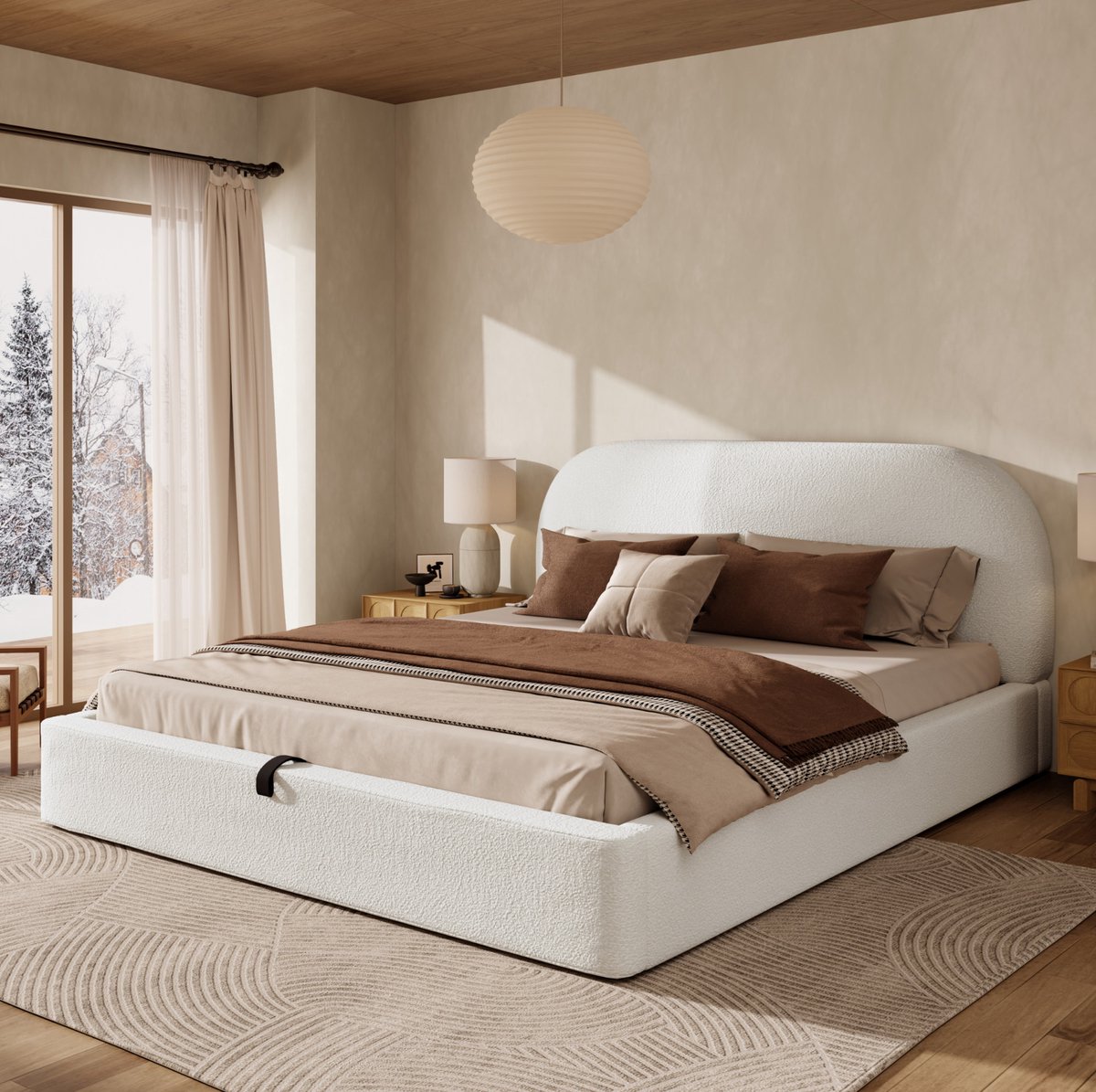 WUVRIE Gestoffeerd tweepersoonsbed 180x200 cm met hydraulische opbergruimte en lattenbodem, beige bouclé