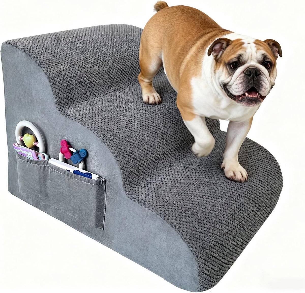 SnelShoppen - Hondentrap 3 Treden voor Kleine Honden - Wasbare Hoes, 2 Opbergzakken, Draaggreep, Schuimrubberen Treden, Antislip, Grijs
