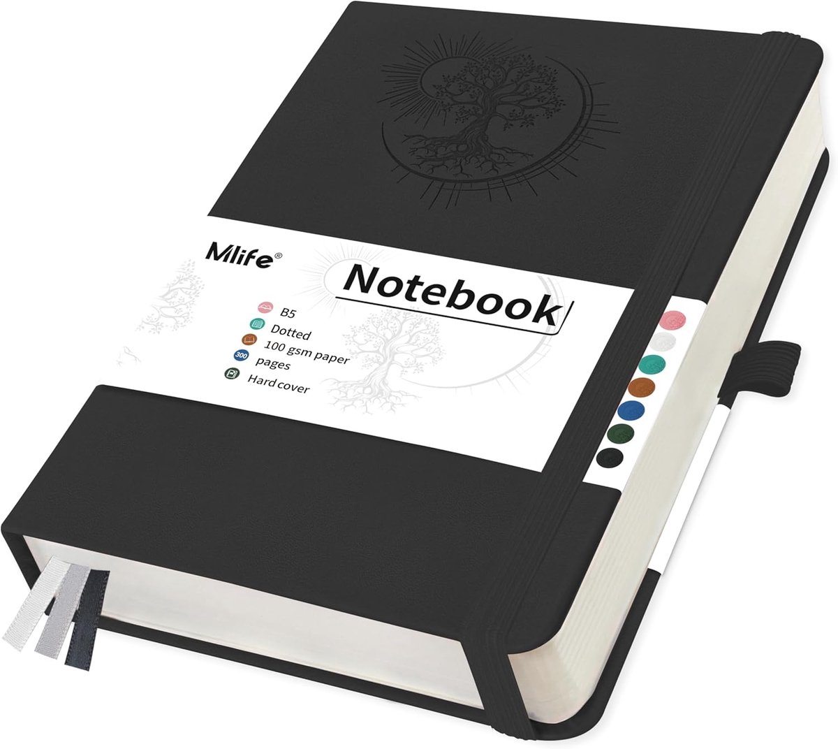 SnelShoppen - B5 Notitieboek met Dotted Papier, PU Cover met Levensboom Motief, 360 Pagina's, 100 G/sqm, 19.5 x 25.5 cm, Zwart voor Creatief Schrijven