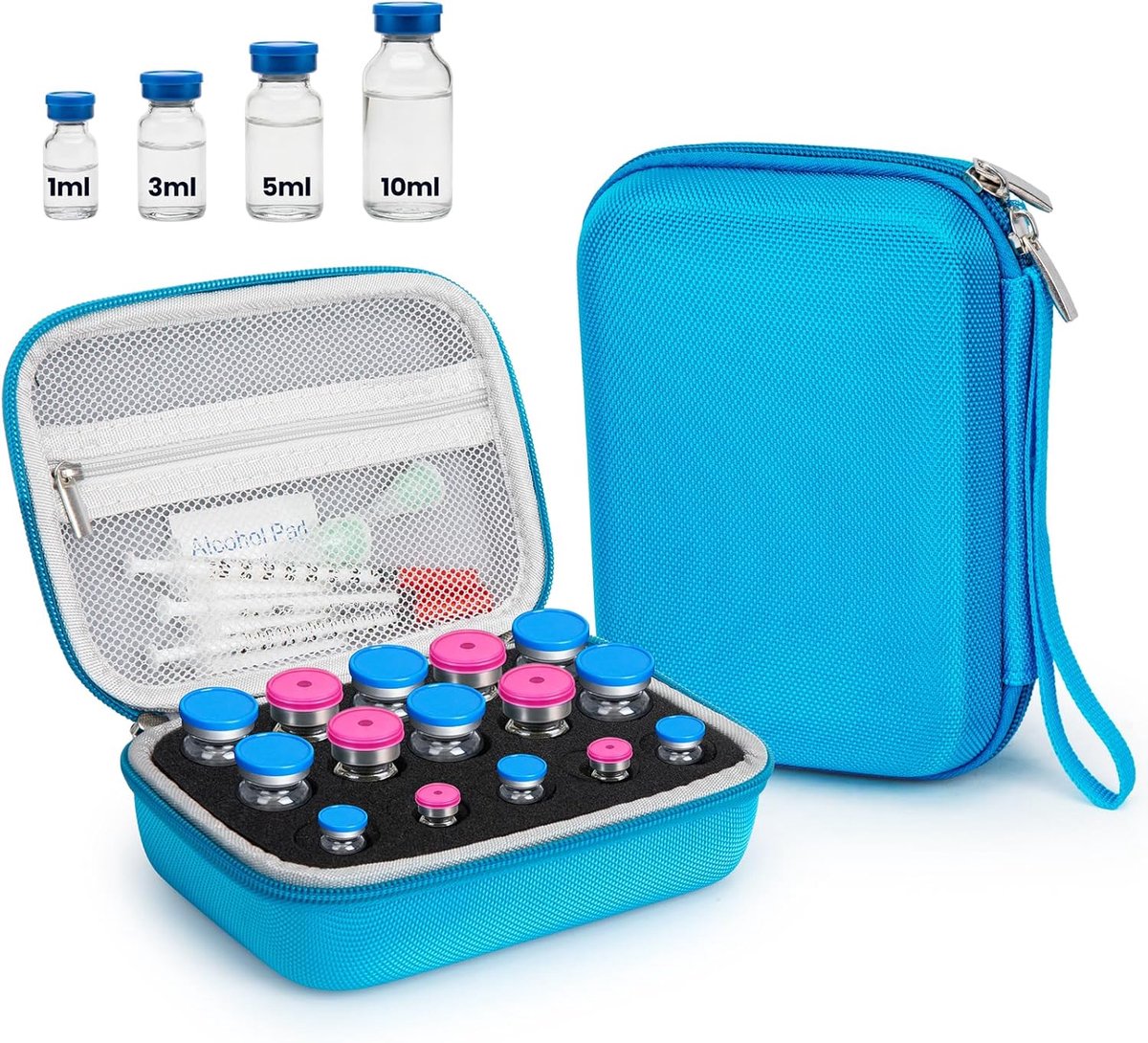 SnelShoppen - Peptidebox voor flacons 3-10 ml, 15 vakken, opbergdoos met handriem, verstelbare vakken, flessenhouder, netvak voor spuiten en naalden,