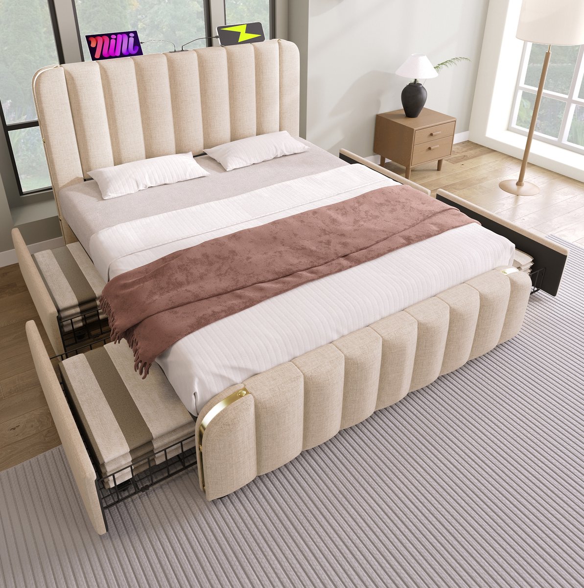 WUVRIE Tweepersoonsbed 160x200 cm met matras, 4 lades en USB-C-aansluiting, beige