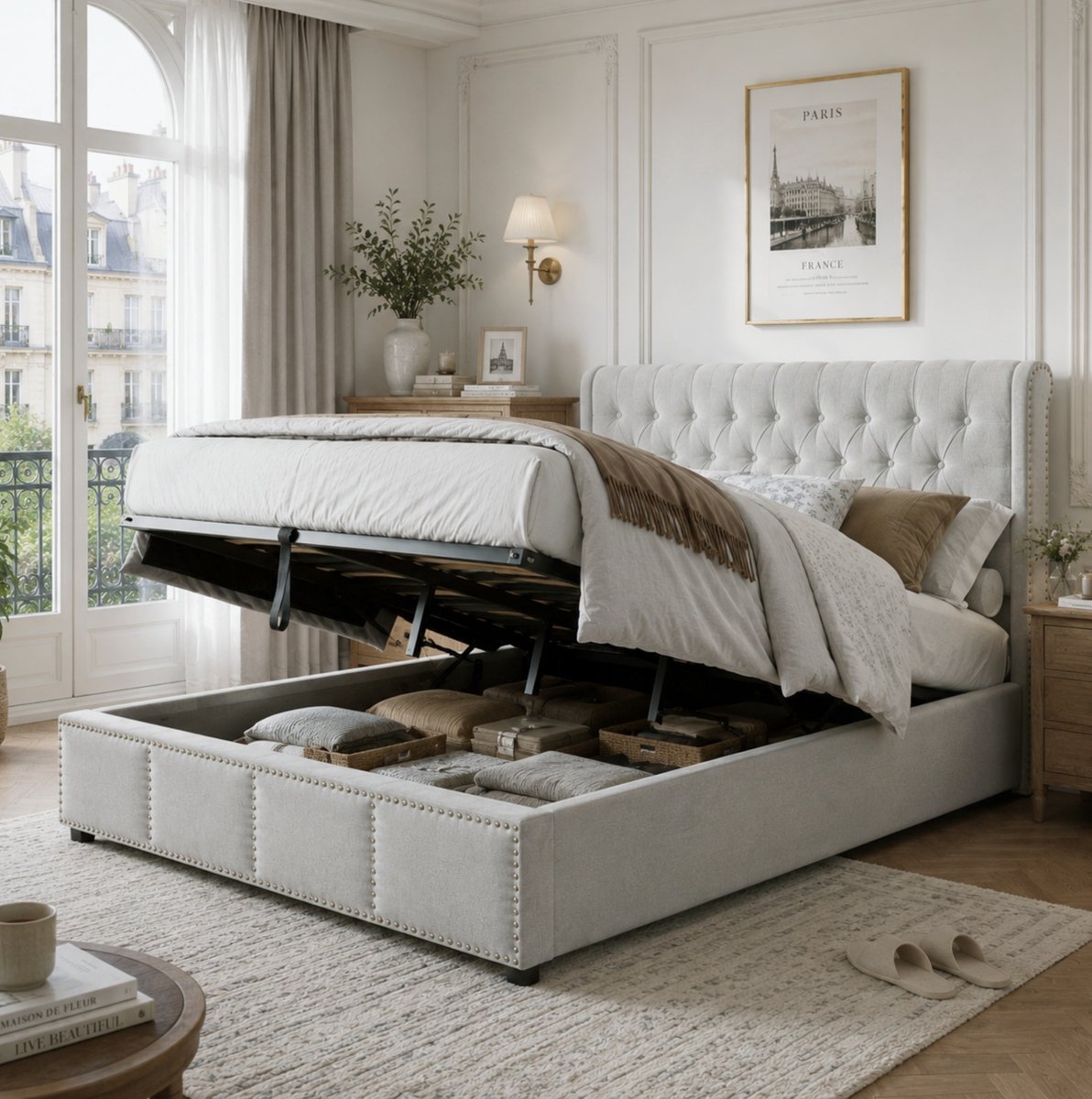 WUVRIE Gestoffeerd opbergbed 180x200 cm met hydraulisch hefmechanisme en lattenbodem, lichtgrijs