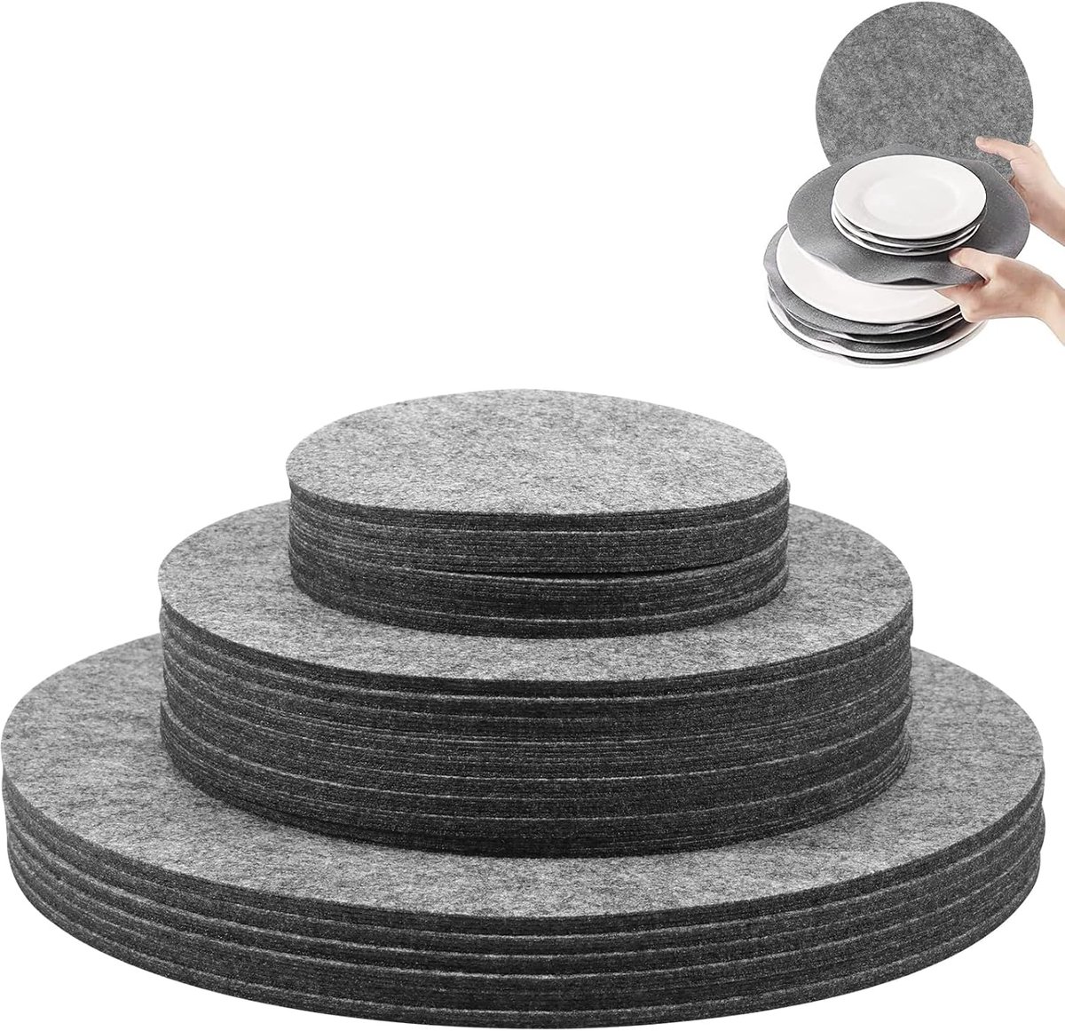 SnelShoppen - 144 Stuks Vilt Bordbeschermers, 3 Maten (12.7 cm, 19 cm, 26.6 cm), Vaatwasbare Pot Beschermers, Stacking Bescherming voor Borden, Porsel